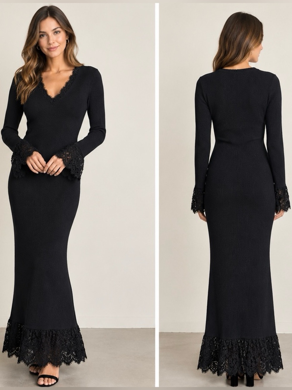 Dazy Black Ribbed Maxi Dress Lace Trim Long Sleeve Bodycon Gothic Size XL